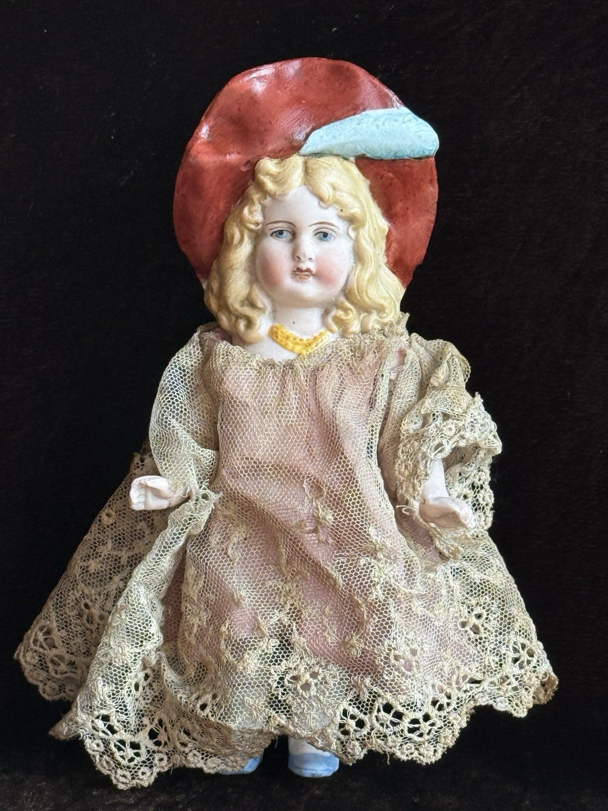 Antique German 7" Hertwig All Bisque Molded Hat Girl Doll