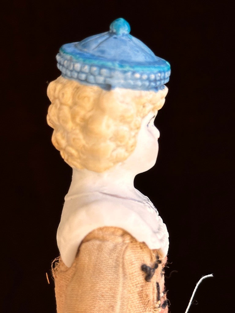 Antique German Hertwig Cabinet Size 8” Bisque Molded Shoulder Plate and Hat Doll