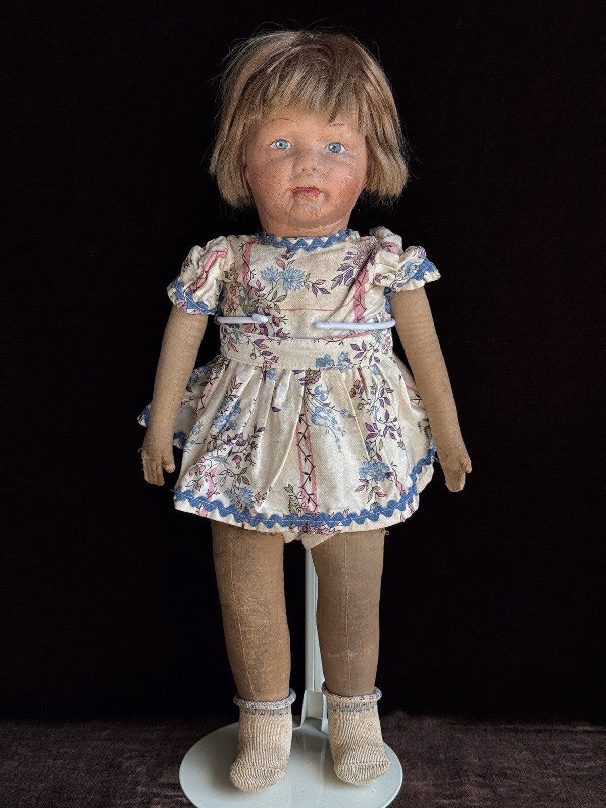 Antique American 18.5” Kamkins Cloth Oil Painted Doll