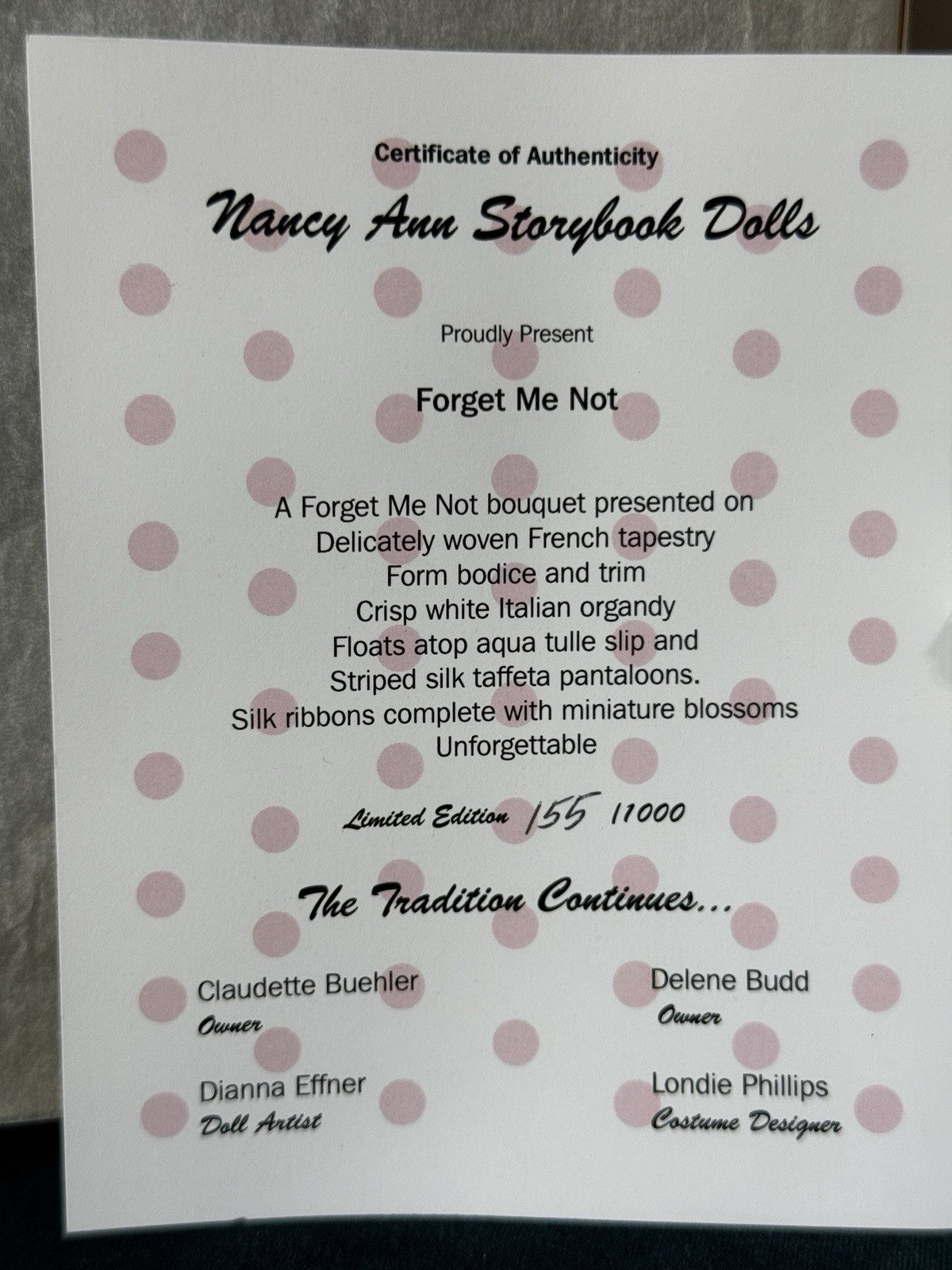 MIB Nancy Ann “Forget Me Not” Dianna Effner Doll LE 155/1000 Box/COA/Tag/Stand