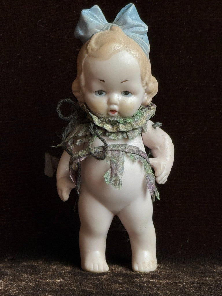 Antique German Hertwig Miniature 4" All Bisque Dollhouse Doll Molded Bow
