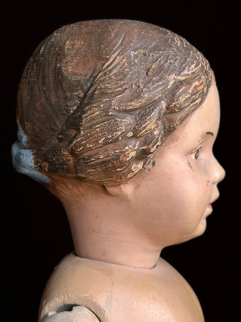 Antique American 16” Schoenhut 102 Series Wooden Doll Carved Braided Hair Bow