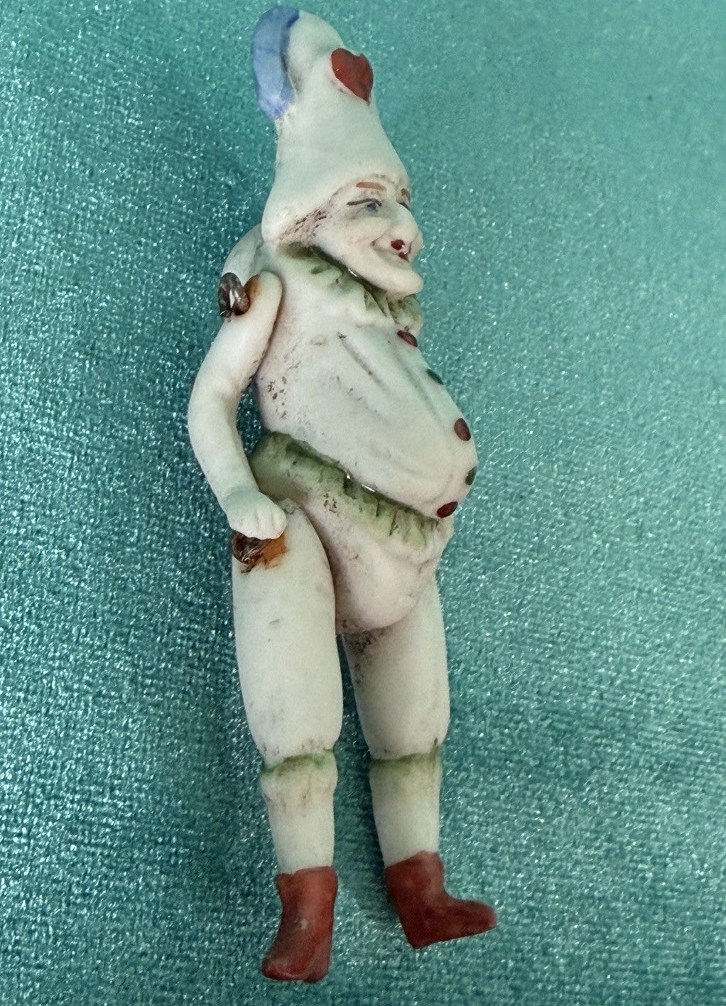 Antique German 2.75” All Bisque Mignonette Dollhouse Punchinello Character Doll