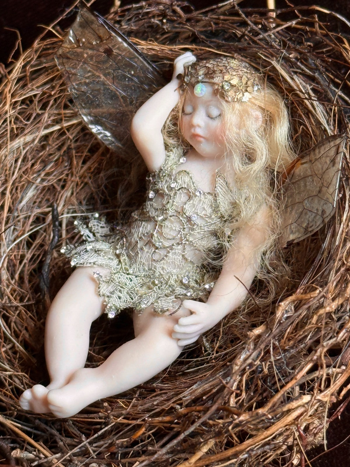 OOAK Miniature Susan Snodgrass Contemporary Artist Porcelain Fairy Doll in Nest