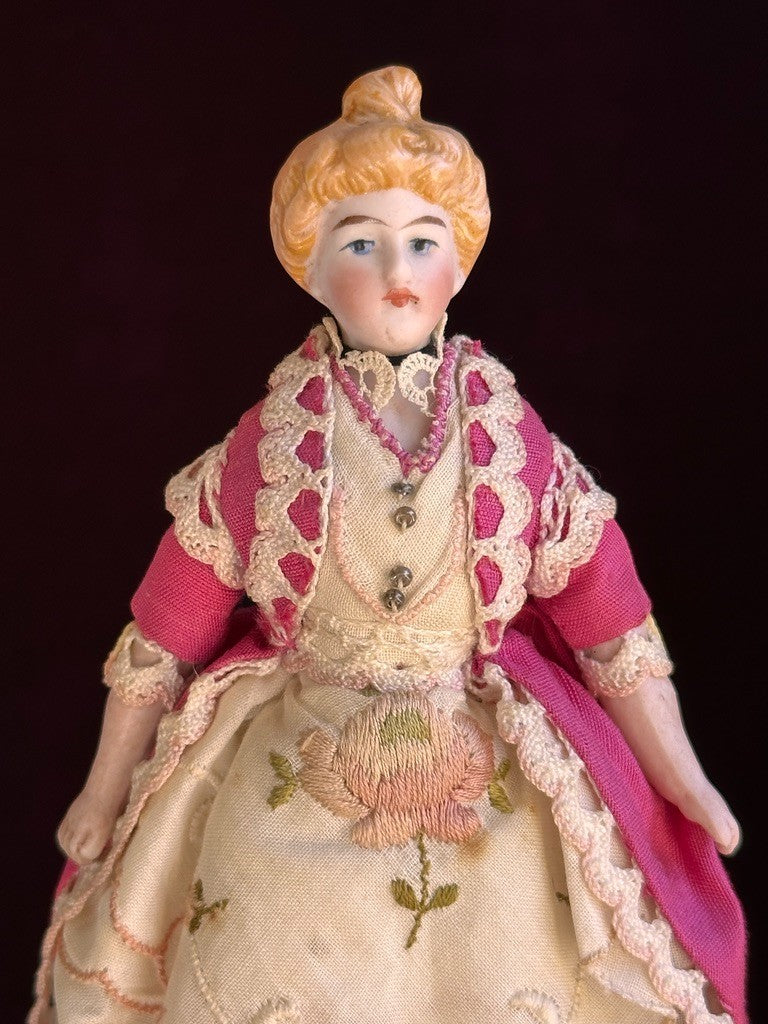 Antique German 4.875” Bisque Cloth Miniature Dollhouse Parian Doll with Bun