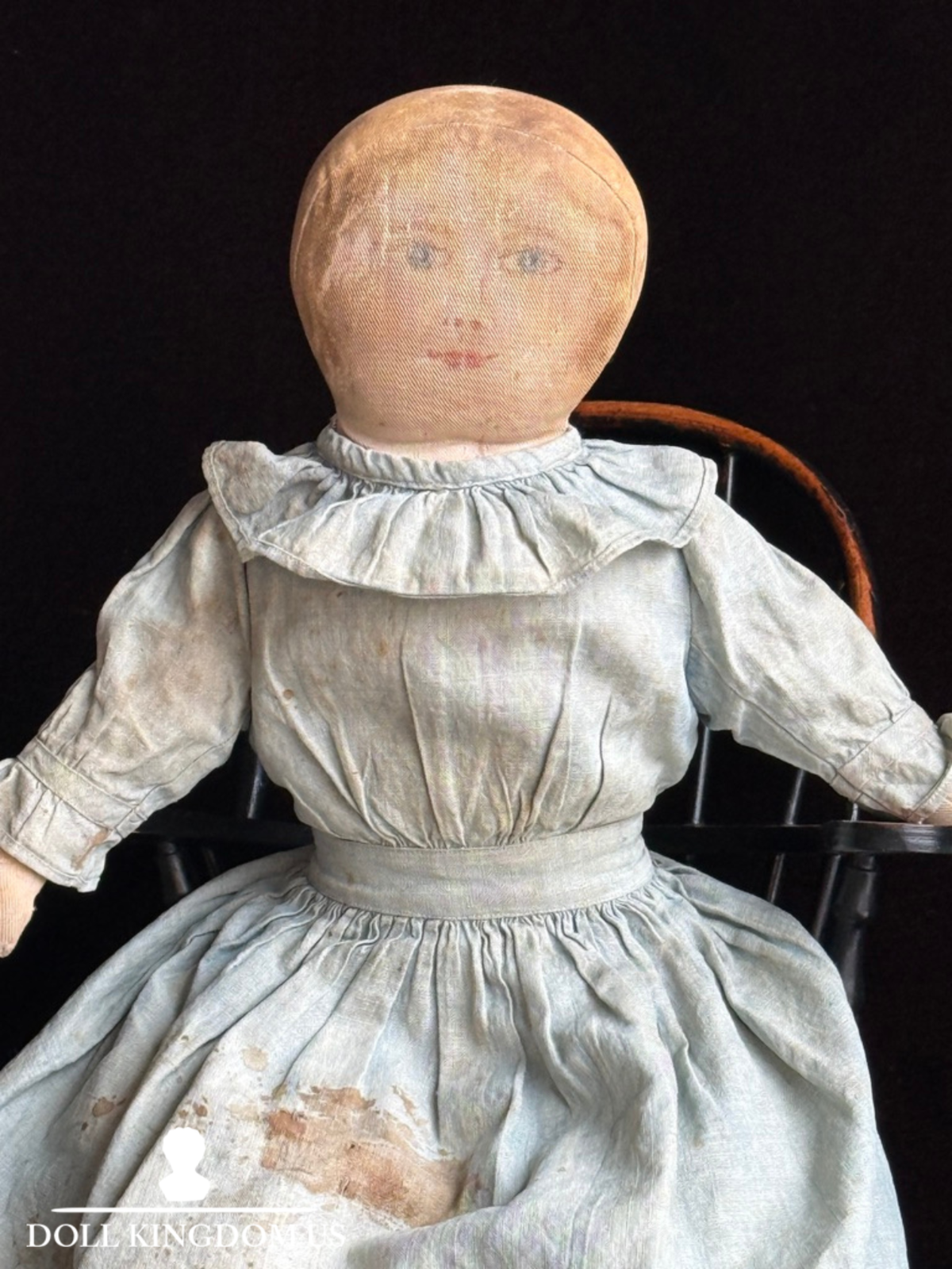 Antique American Moravian Style 16" Primitive Folk Art Cloth Rug Portrait Doll