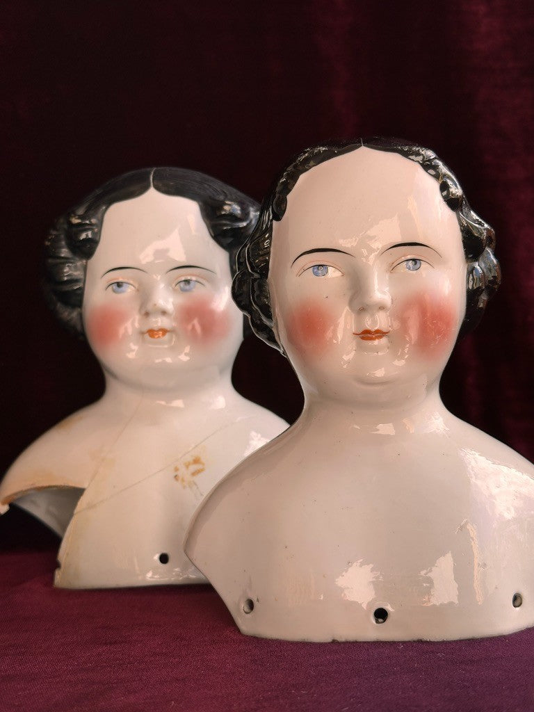Lot of 2 Large Antique German Flat Top Highbrow China Dolls Shoulder Heads Only
