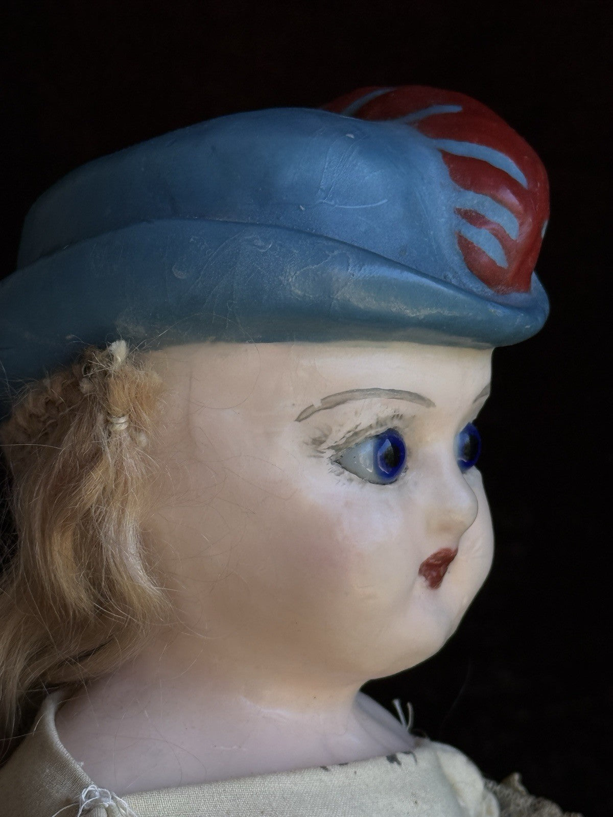 Rare Antique German 20” Wax Over Papier Mache Molded Hat Doll