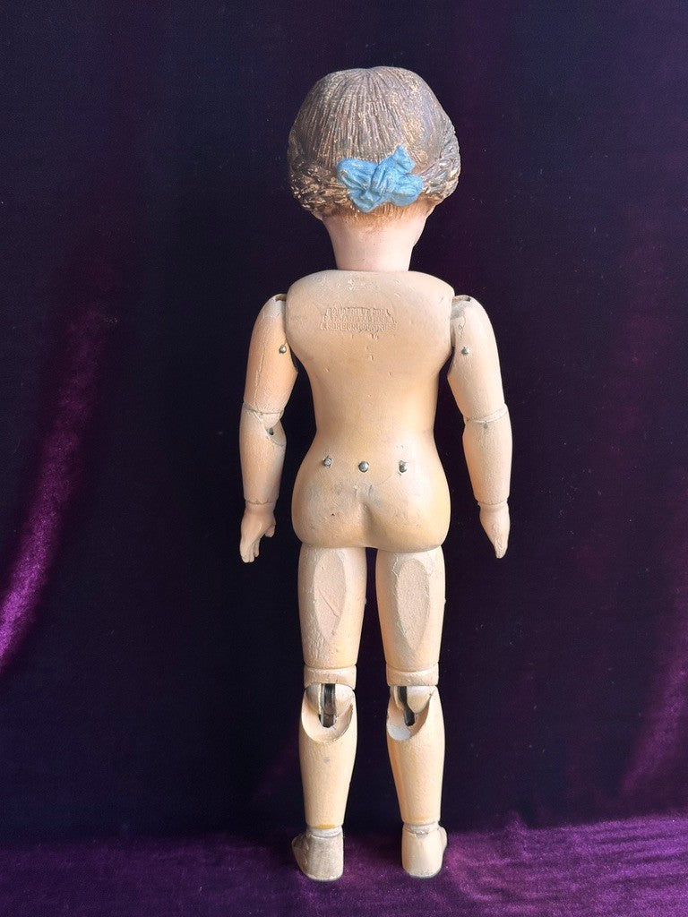 Antique American 16” Schoenhut 102 Series Wooden Doll Carved Braided Hair Bow