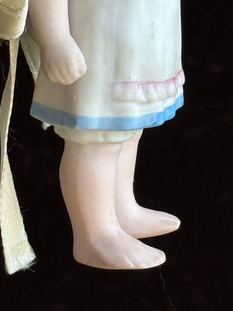 Lot of 2 Antique German 4" All Bisque Miniature Dollhouse Dolls Molded Dresses