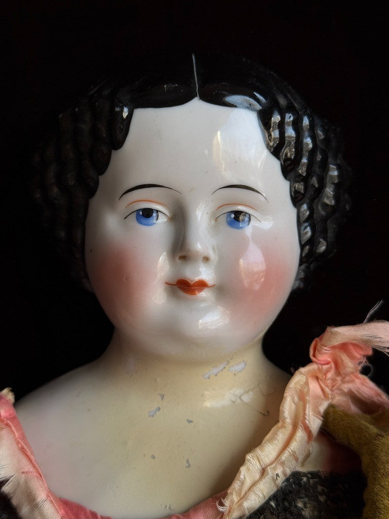 Antique German 21.75” Flat Top Highbrow China Shoulder Head Doll