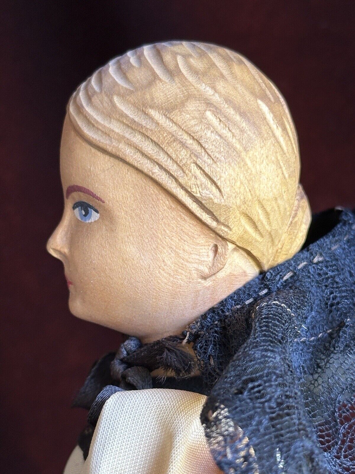 Vintage 10” Swiss Huggler Wood Carved Doll with Original Tag