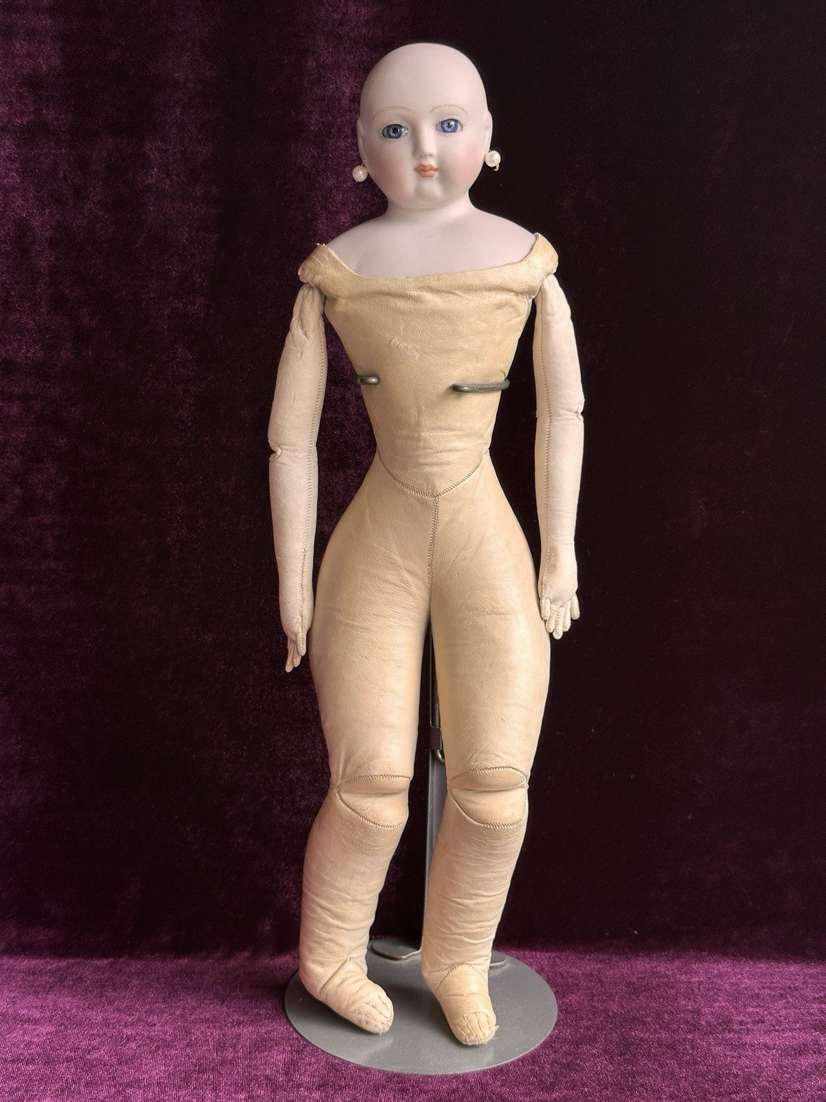 Vintage Porcelain 16” Reproduction Of Antique French Fashion Doll Leather Body