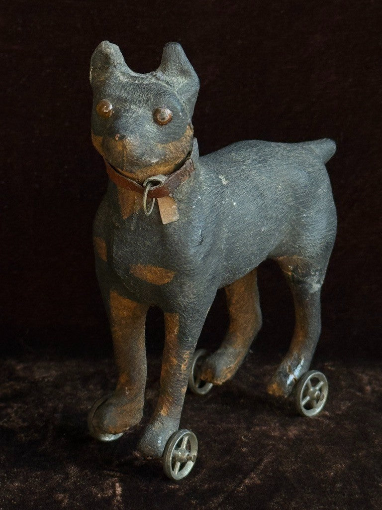 Antique German Papier-Mâché Doberman Pinscher Dog on Wheels Pull Toy