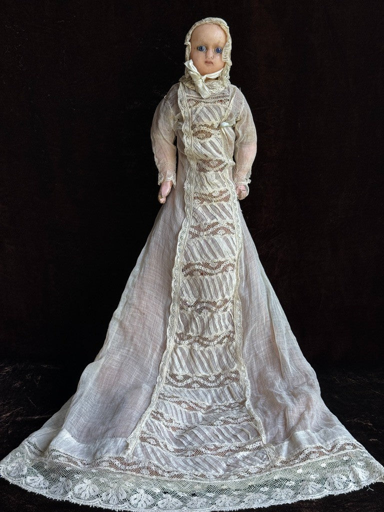 Rare Antique German 17” Mechanical Wax Doll Toy