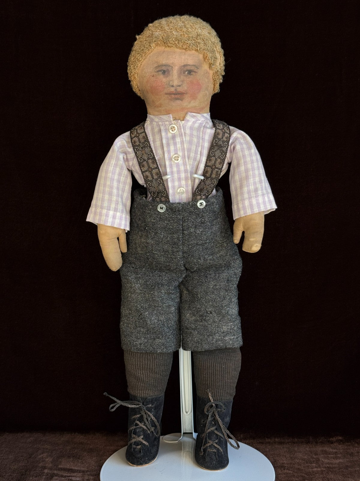 Antique American 18" Primitive Oil Painted Portrait of Boy Cloth Rug Doll