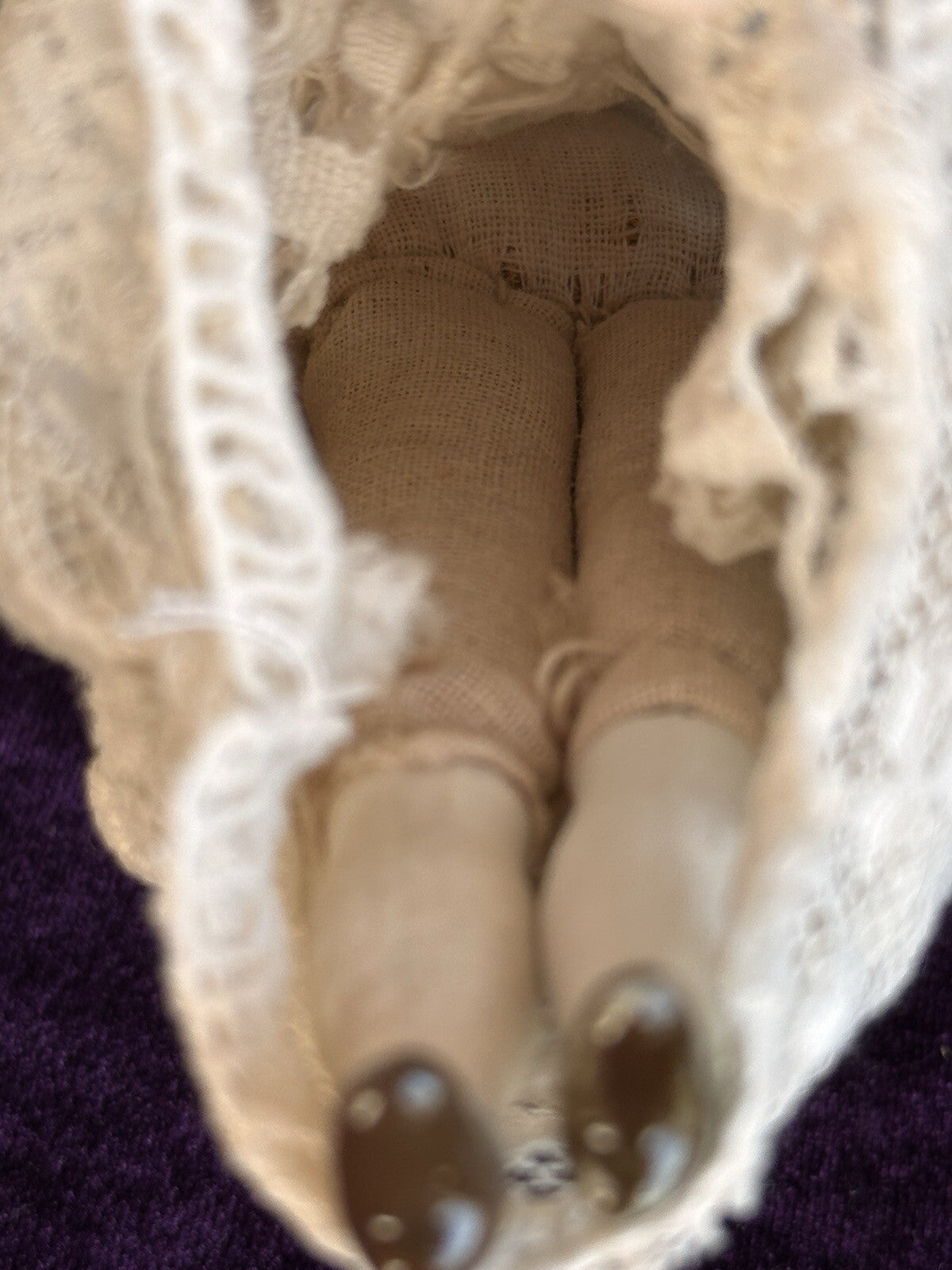 Antique German Miniature  7.5” Hertwig Molded Hat Parian Bisque Head China Doll