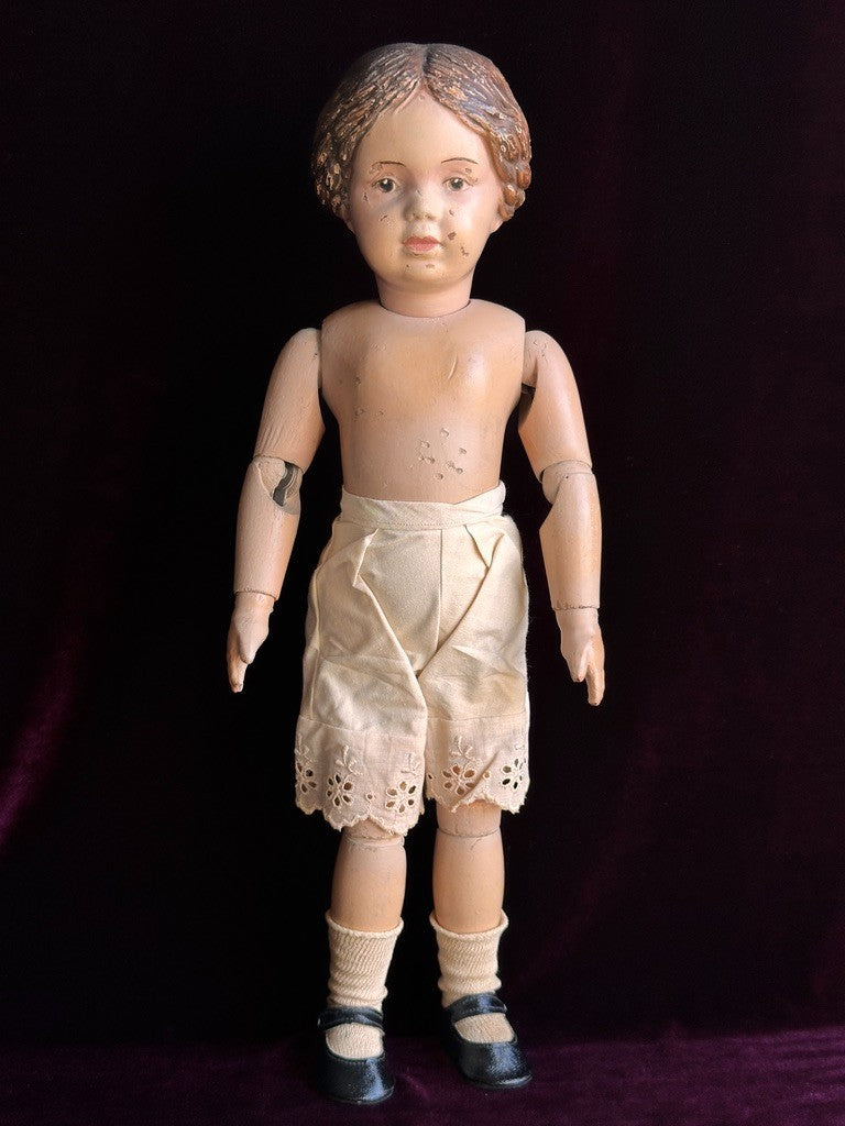 Antique American 16” Schoenhut 102 Series Wooden Doll Carved Braided Hair Bow