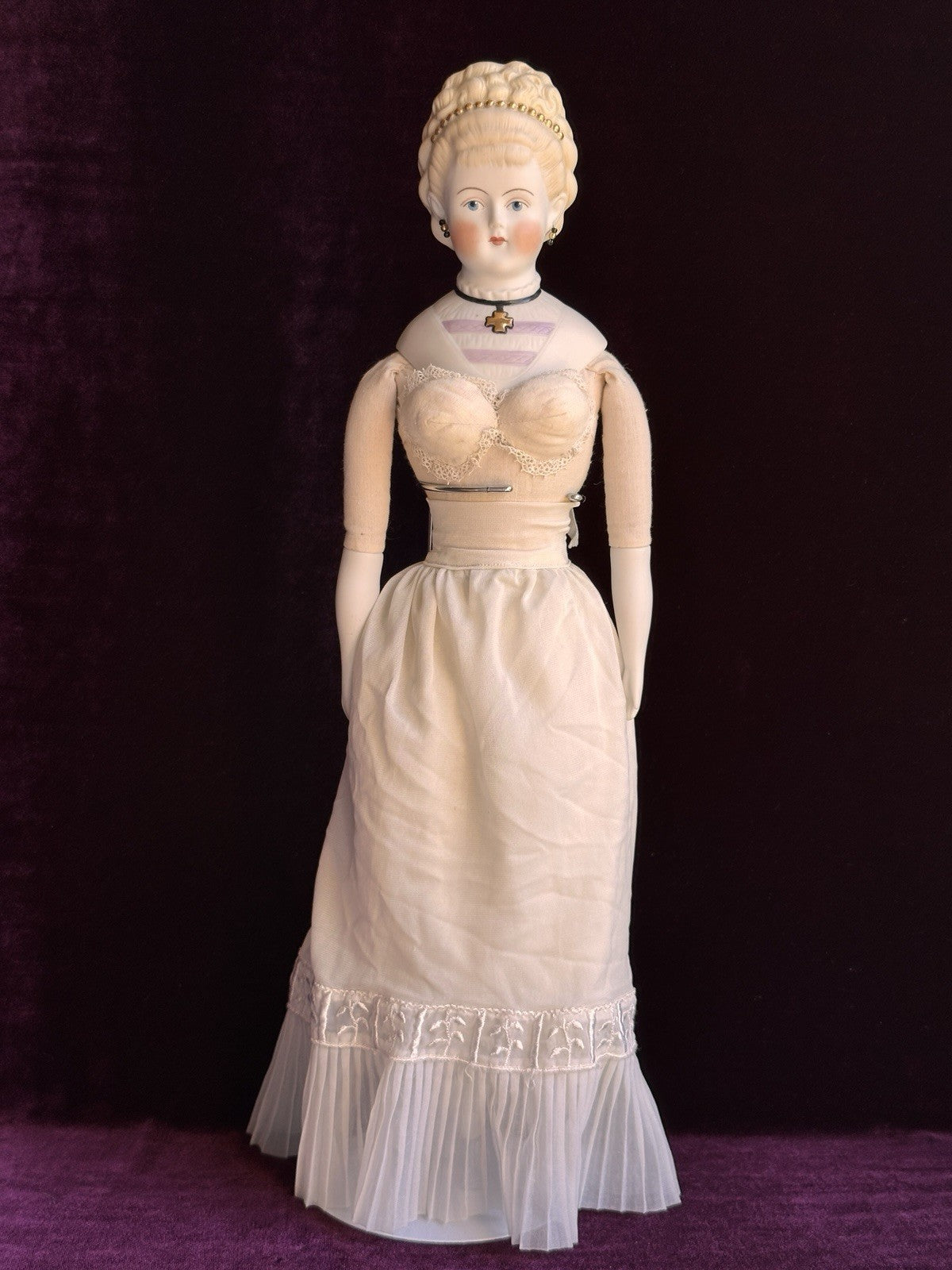 Vintage 17.5” Reproduction of Antique German Parian China Doll Pierced Ears