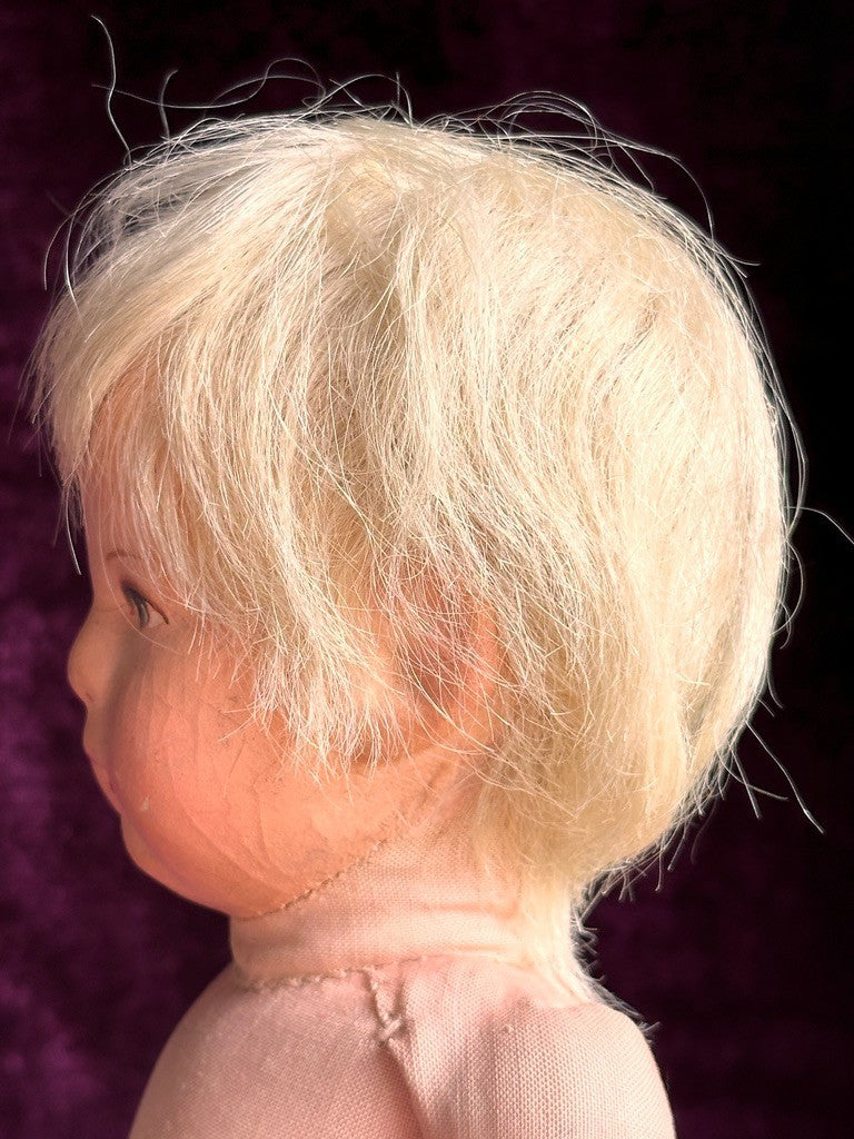 Antique German 14.” Early Kathe Kruse Hampelchen Cloth Doll Human Hair Wig