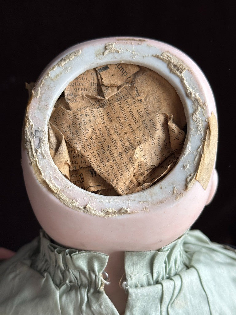 Antique German 23” Early Kestner Turned Bisque Shoulder Head Leather Body Doll