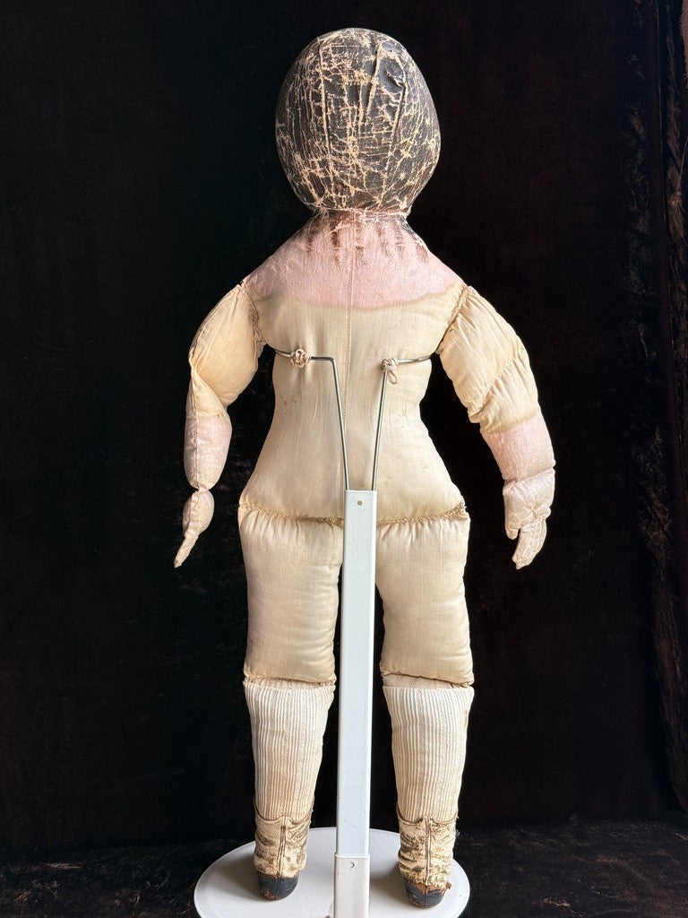 Early Antique American 28” Primitive Folk Cloth Rug Oil Painted Portrait Doll