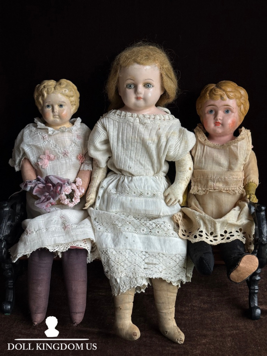 Lot of 3 Antique German Papier Mache and Minerva Tin Dolls for Project