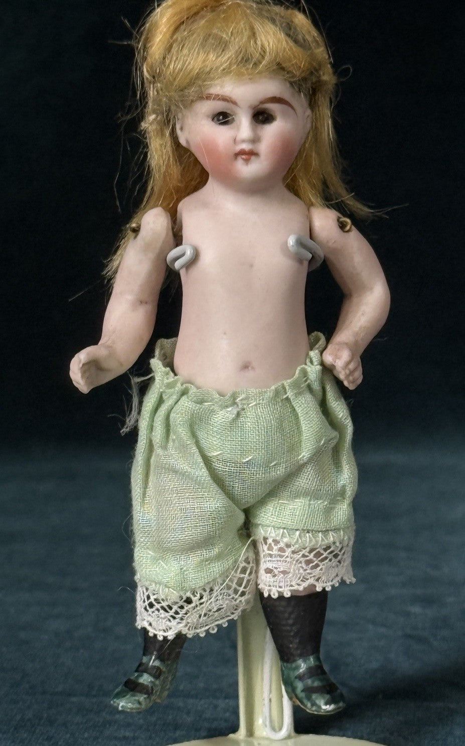 Antique German 4” All Bisque Mignonette Dollhouse Doll Unusual Green Boots