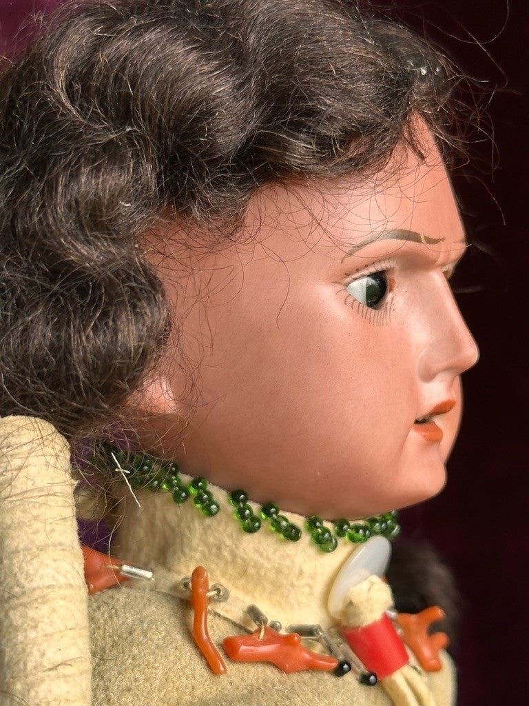 Rare Large Antique German 13” Native American Indian Bisque Head Doll Cloth Body