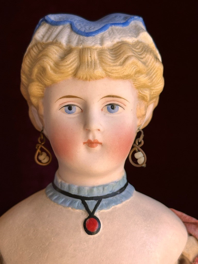 Antique German 15” Fancy Parian Bisque Head China Doll with Pierced Ears