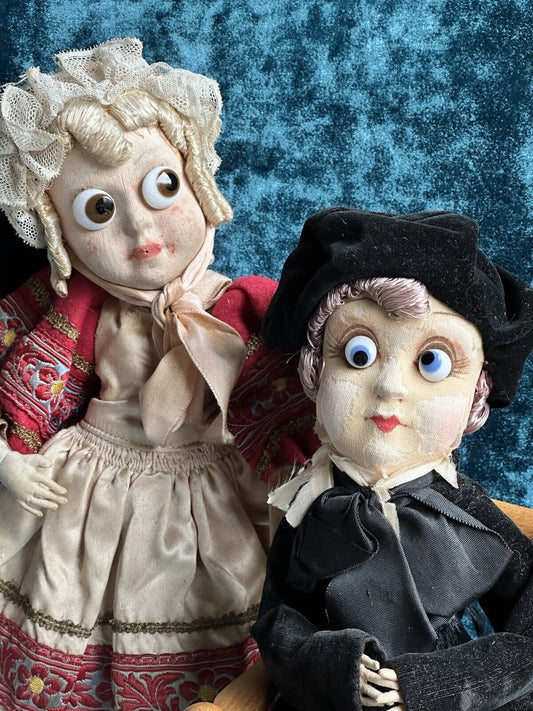 Pair of Rare 13” Antique French Calvaire Cloth Googly Eyes Dolls