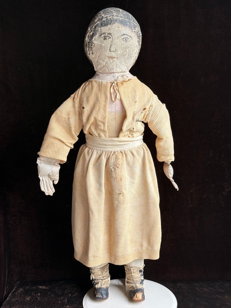 Early Antique American 28” Primitive Folk Cloth Rug Oil Painted Portrait Doll
