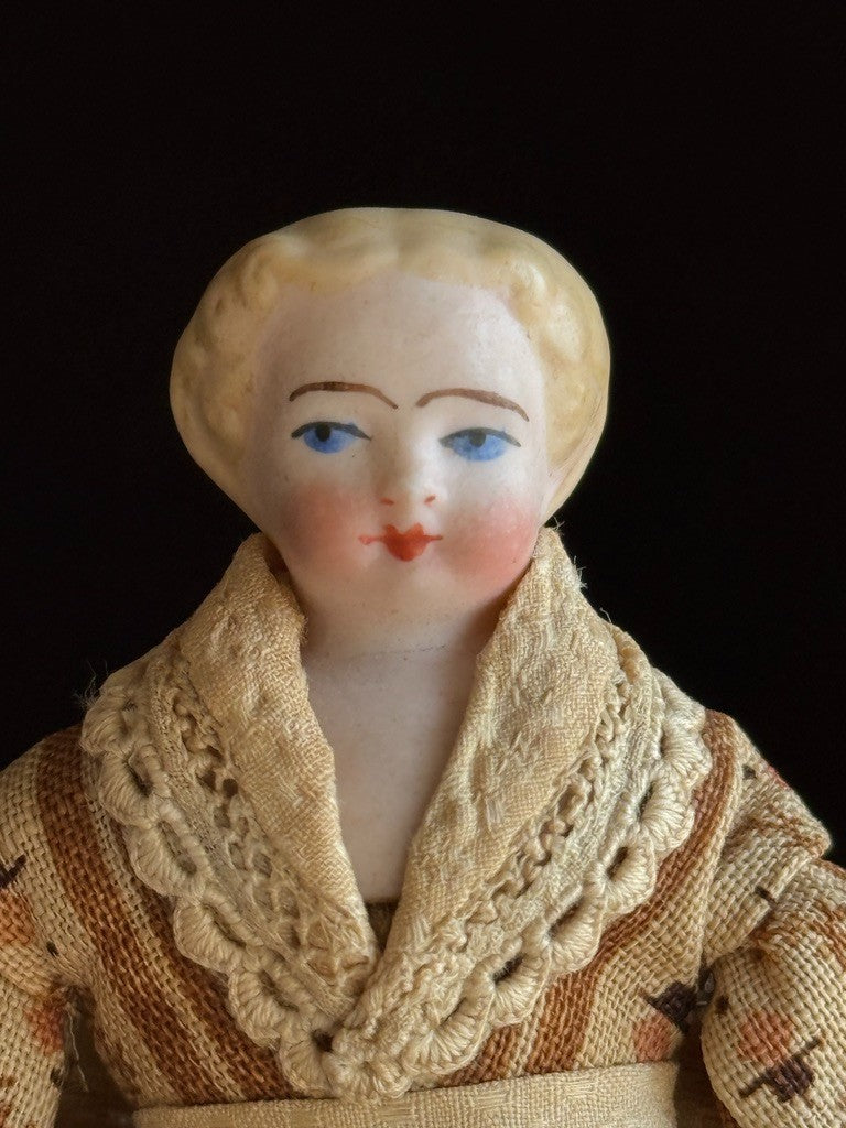 Antique German 4.5” Bisque Cloth Miniature Dollhouse Parian Doll