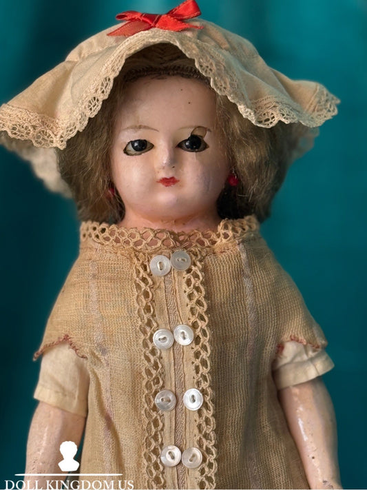 Antique German Wax Paper Mache 13” Doll with Glass Sleepy Eyes