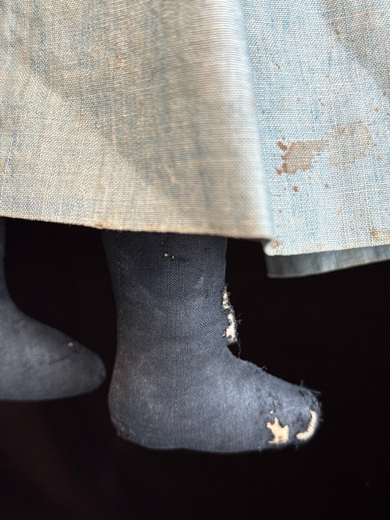 Antique American Moravian Style 16" Primitive Folk Art Cloth Rug Portrait Doll