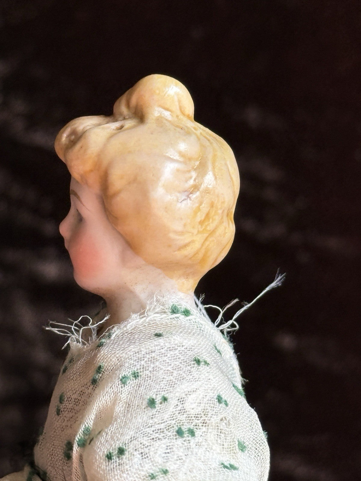 Antique German 5.5” Bisque Cloth Miniature Dollhouse Parian Doll with Bun