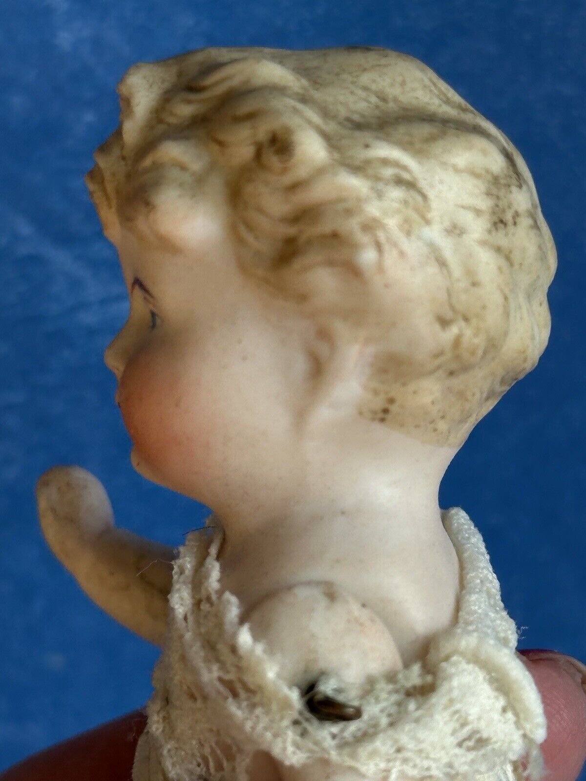 Antique German 3.75” Miniature All Bisque Parian Molded Hair Baby Doll