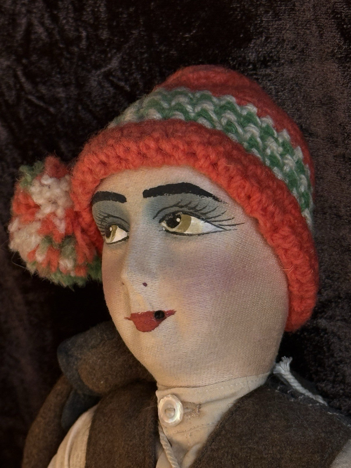 Vintage Art Deco 14” French Boudoir Style Cloth Face Mask Smoker Character Doll