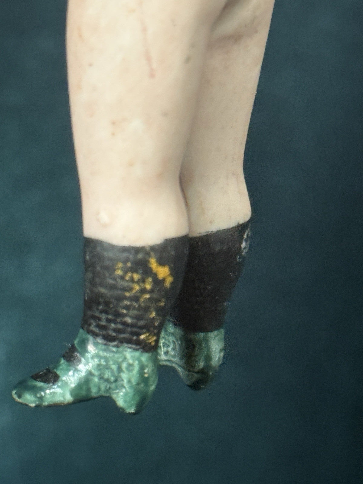 Antique German 4” All Bisque Mignonette Dollhouse Doll Unusual Green Boots