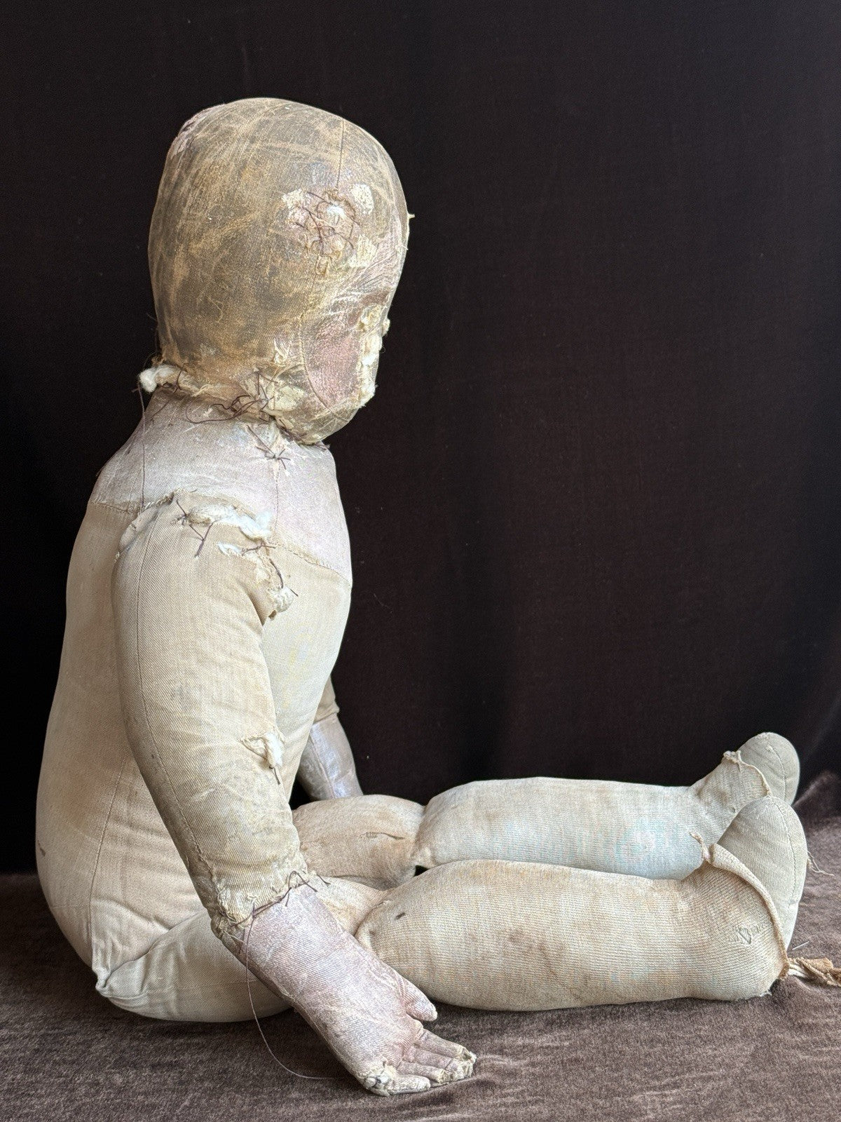 Early Antique American 28” Primitive Folk Cloth Rug Oil Painted Doll
