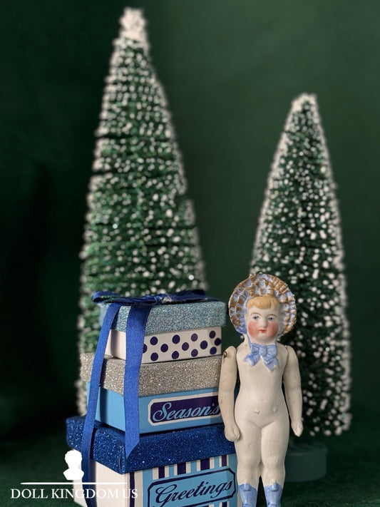 Antique German 4 1/2” Frozen Charlotte Bisque Doll With Molded Bonnet