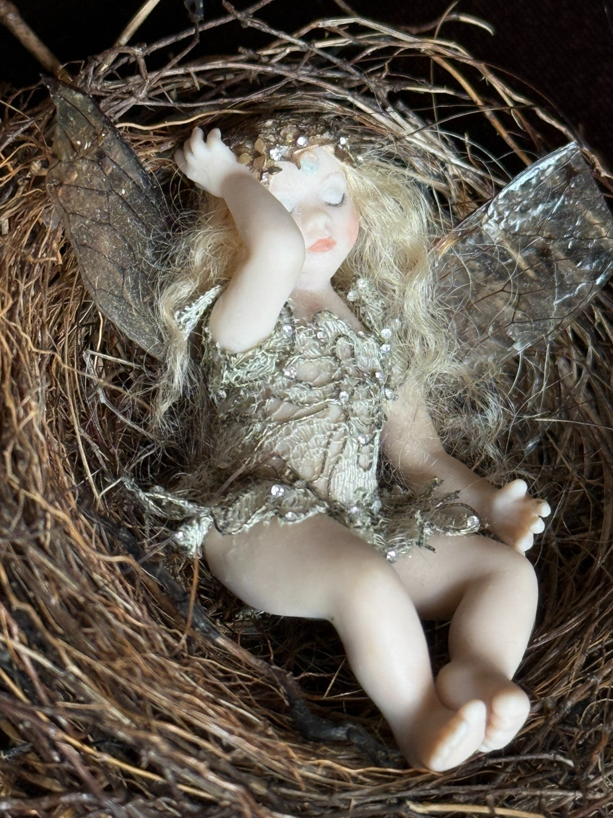 OOAK Miniature Susan Snodgrass Contemporary Artist Porcelain Fairy Doll in Nest