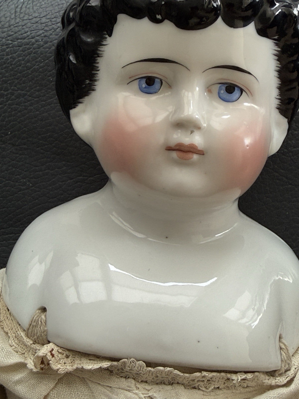 Large Antique German 26” Exposed Ears Curly Hair China Shoulder Head Doll