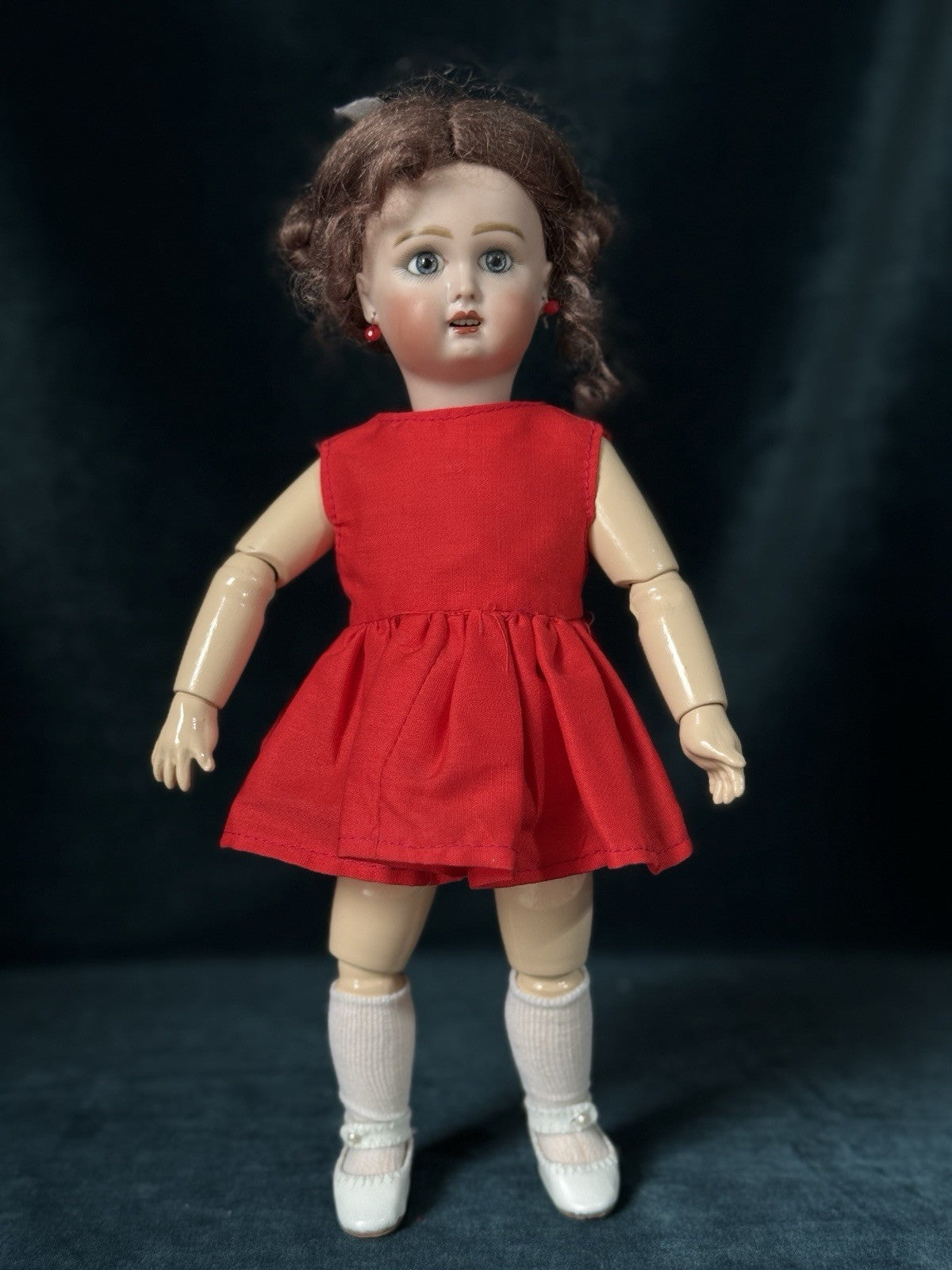 Porcelain/Composition 11” Reproduction of Antique French Bleuette Doll Red Dress