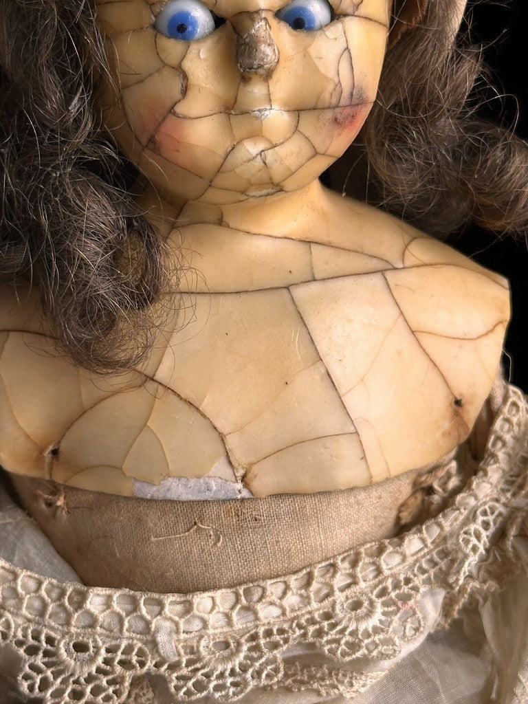 Antique English All Original Mad Alice 22” Wax Over Papier Mache Head Doll