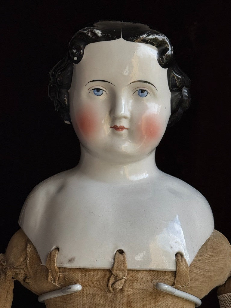 Large Antique German 27” Highbrow Flat Top Brunette China Fashion Doll