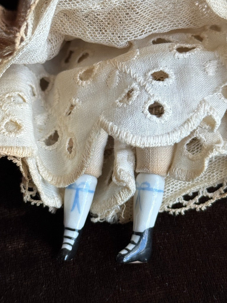 Antique German 5.75” Bisque Cloth Miniature Dollhouse Highbrow China Doll