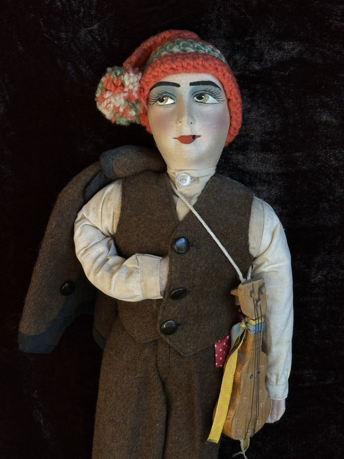 Vintage Art Deco 14” French Boudoir Style Cloth Face Mask Smoker Character Doll