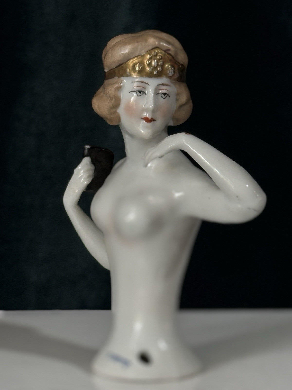 Antique German Art Deco Pin Cushion Half Doll Lady with Gold Hair Crown Band