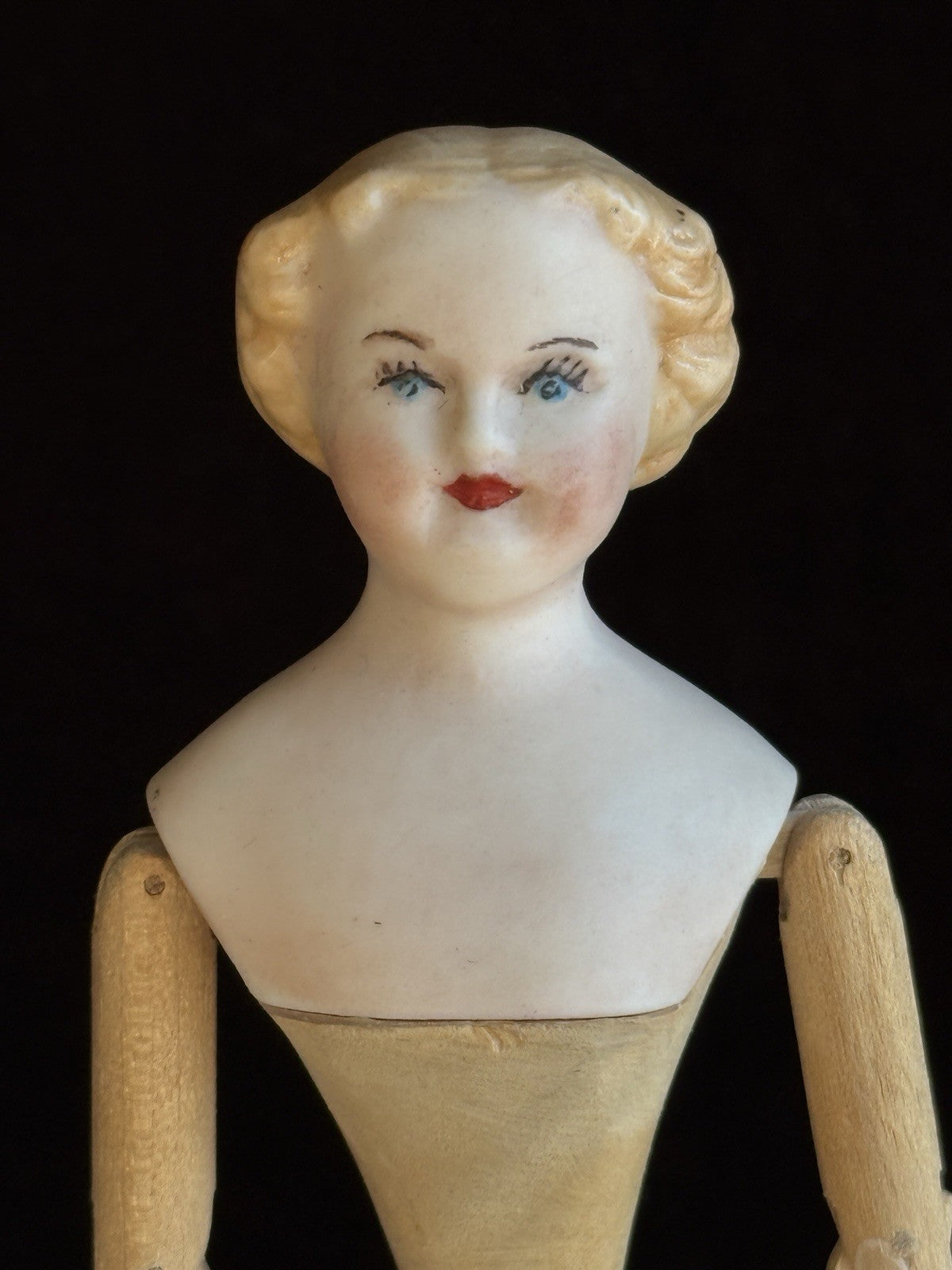 Vintage 5.5” Miniature Reproduction Porcelain Head Wood Body Dollhouse Doll